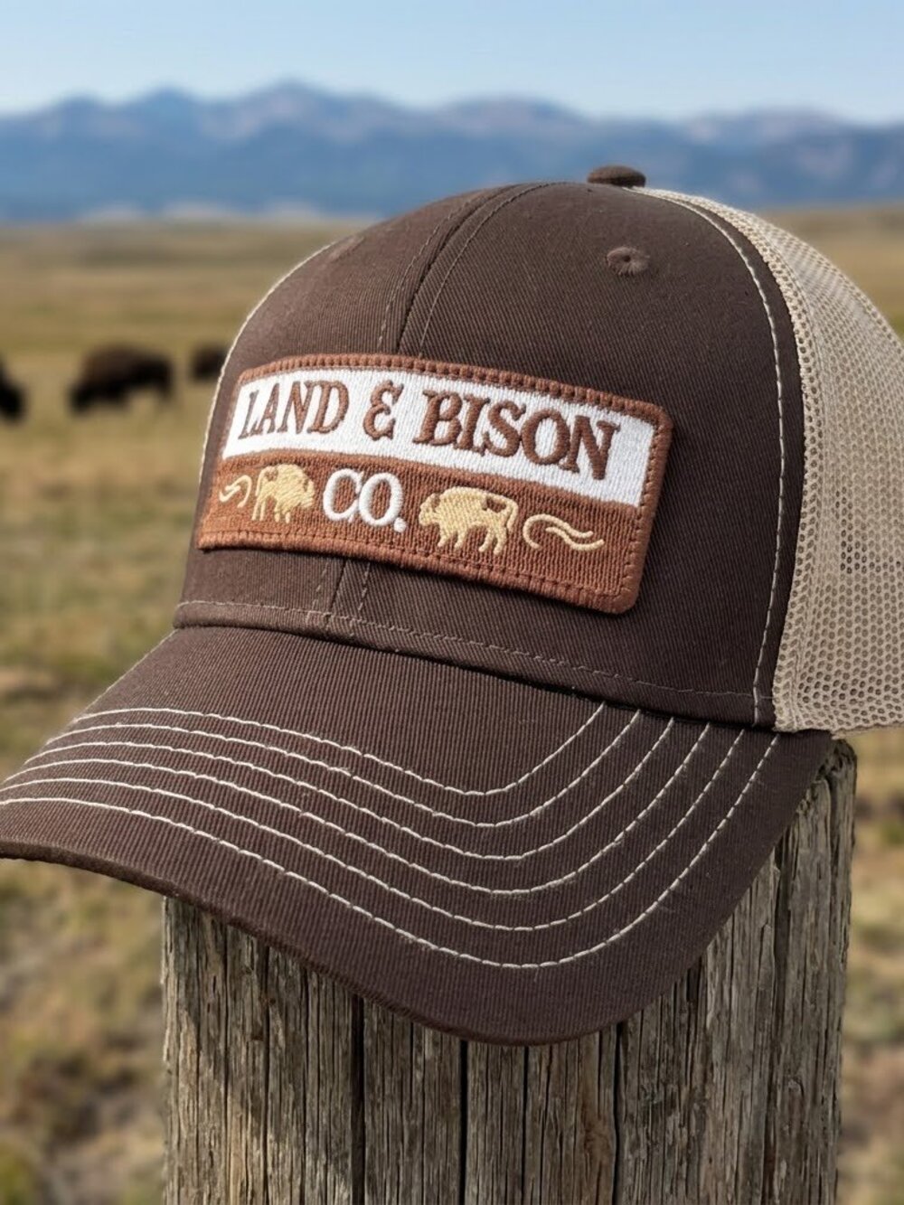 Land & Bison Co Buffalo Embroidered Patch Brown Tan Snapback Trucker Hat Rancher